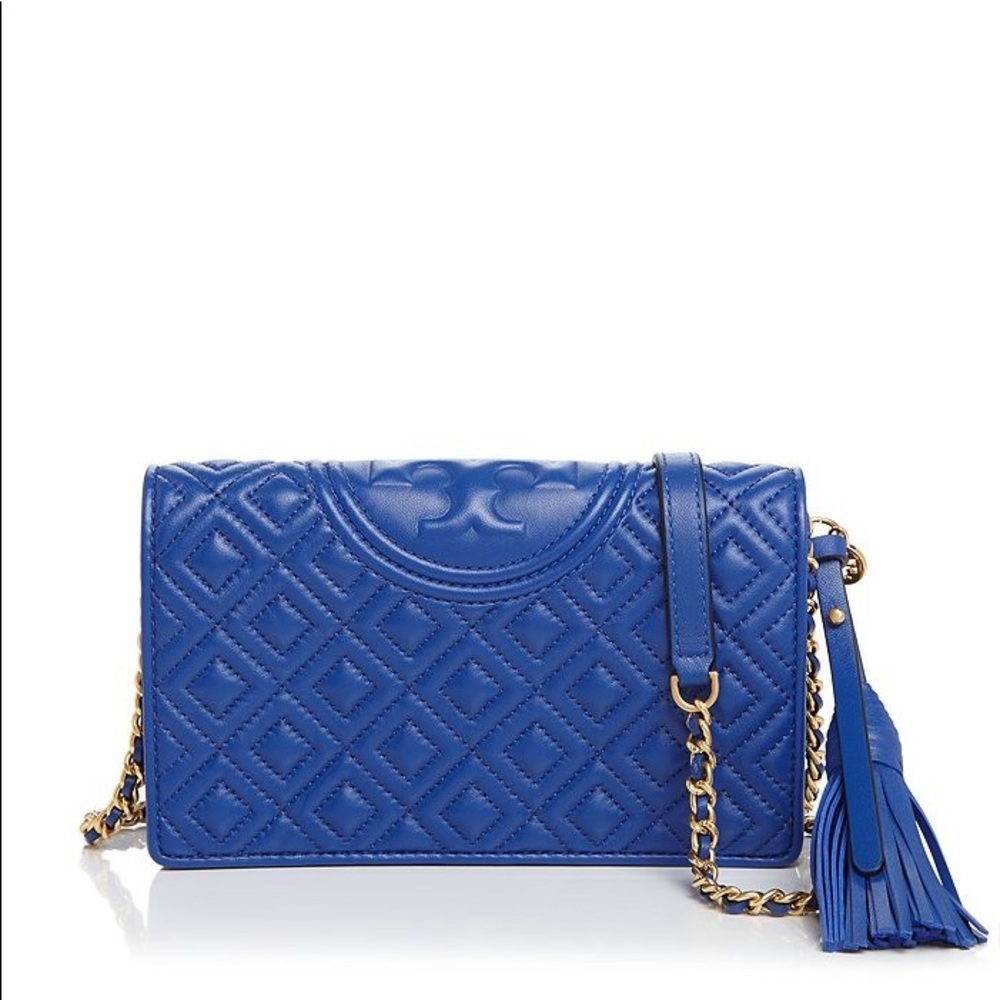 Tory Burch “Fleming” Wallet on Chain Crossbody Cobalt Blue/Gold Hardware